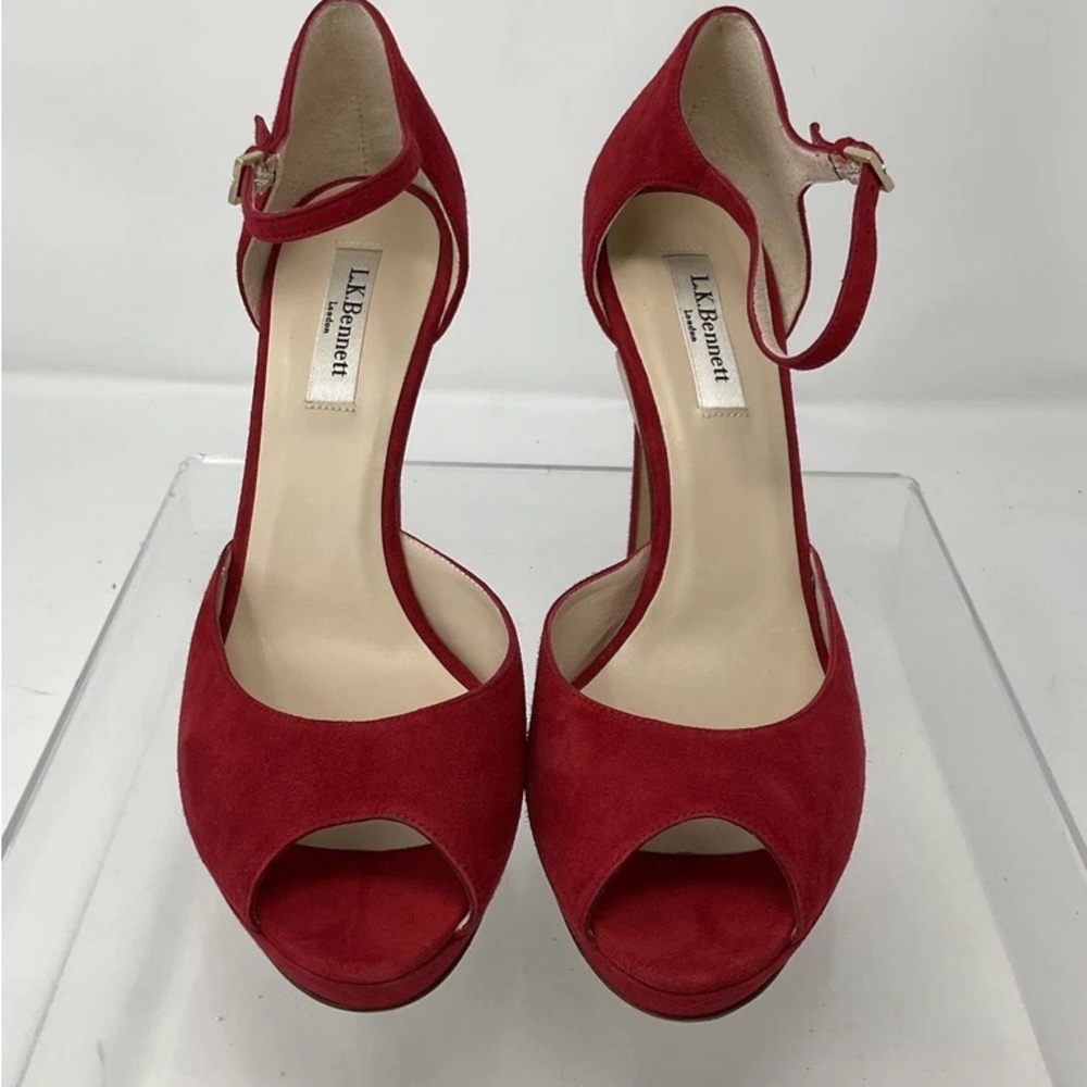 LK Bennett Red Suede Peep-Toe Ankle-Strap Heels - Picture 2 of 6